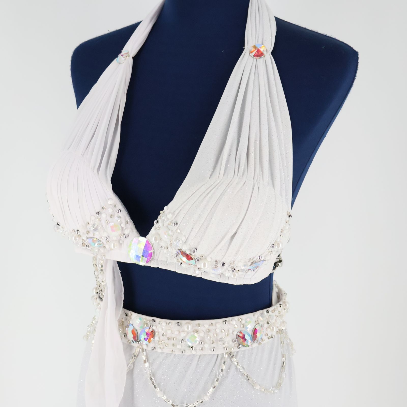 ベリーダンス衣装ビーズフリル ブラ & ベルトセット【ホワイト】豪華オリエンタル 注文 【ベリーダンス用 オリエンタル衣装】ホワイト ラインストーン