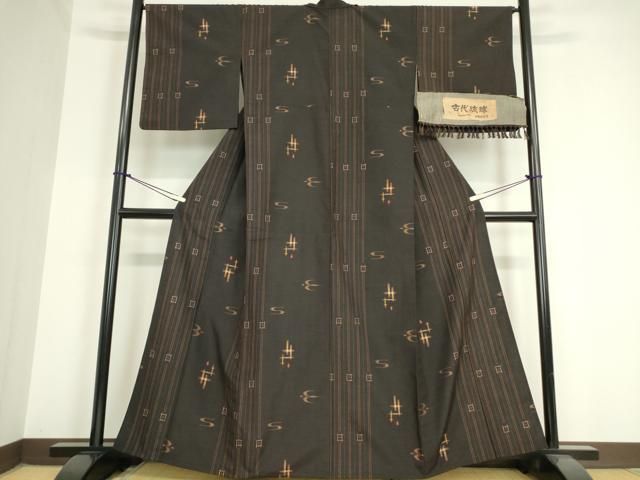 平和屋着物▽上質な紬　単衣　琉球絣文様　正絹　逸品　AABB2450jh 平和屋着物▽上質な紬 単衣 琉球絣文様 正絹 逸品 AAAZ5704jh 平和