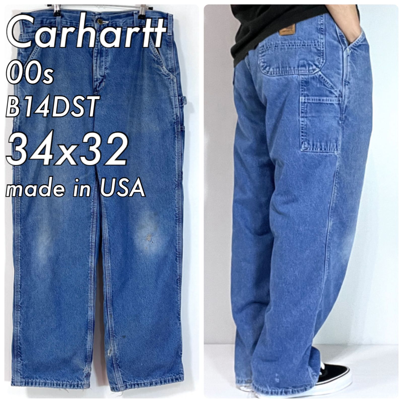 00s Carhartt カーハート W34L32 チェックネルライナー デニム シングルニー ペインターパンツ B14DST ワークパンツ ジーンズ ワイドバギー アメリカ製 裏ネル 美フェード リアルワーク ゴールデンサイズ p25073269