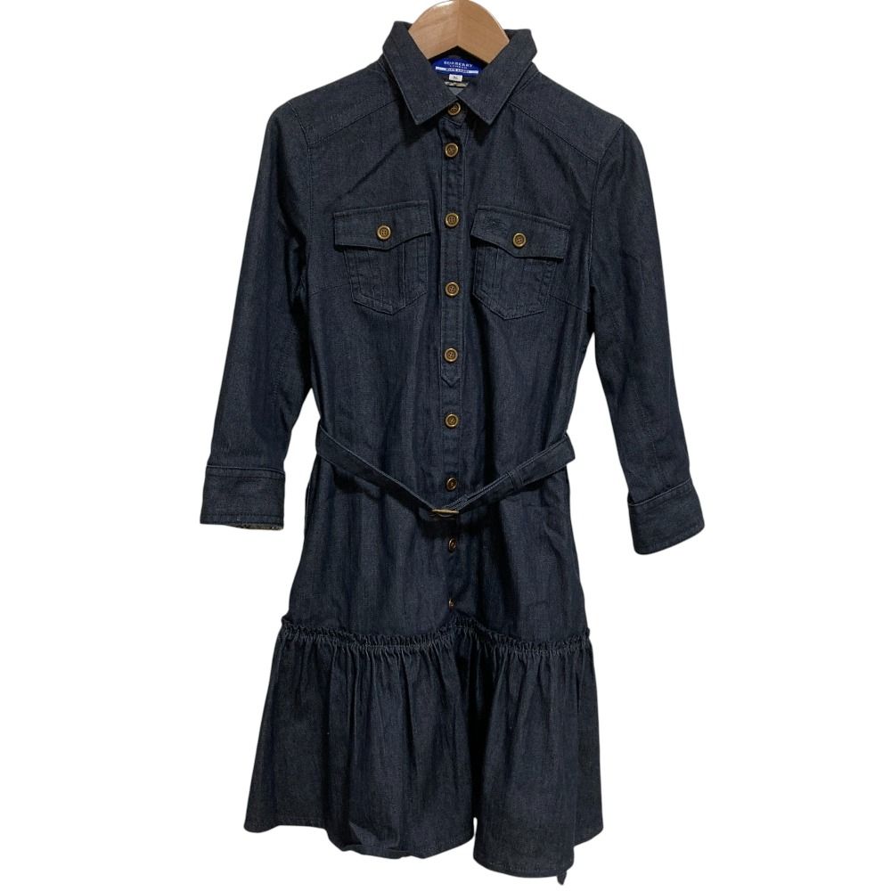 BURBERRY BLUE LABEL バーバリーブルーレーベル ストレッチ ベルト付き 七分袖 デニムワンピース サイズ36 ネイビー レディース 古着
