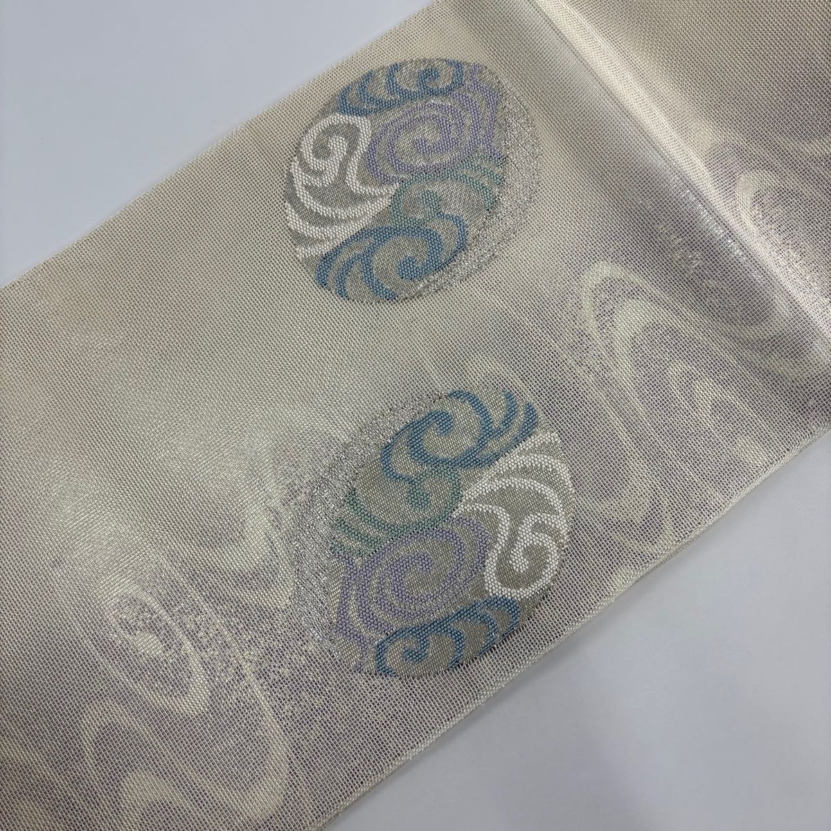 袋帯 秀品 夏帯 流水 銀糸 箔 灰白 お太鼓柄 正絹 【中古