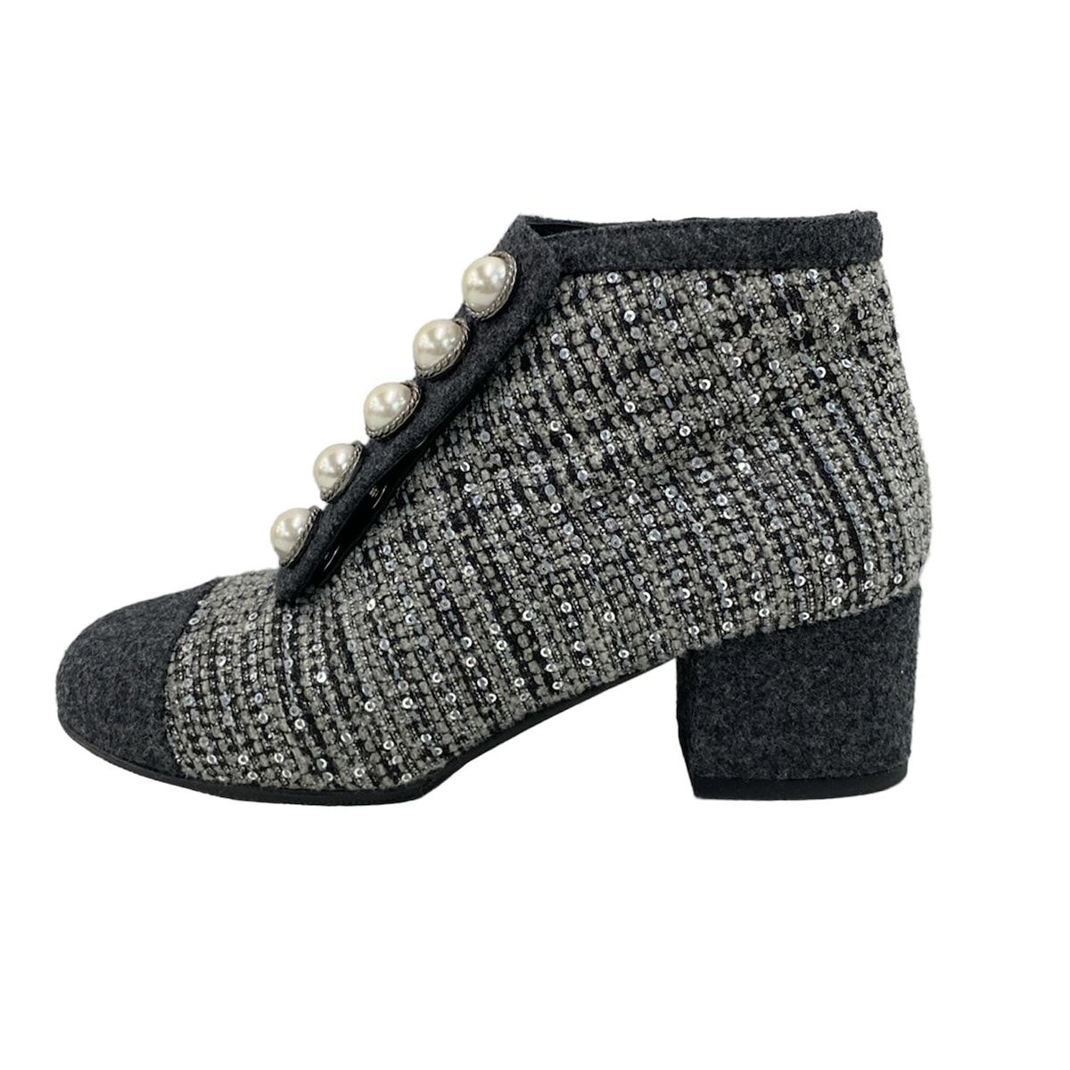 CHANEL シャネル ブーティ 34 1|2 C レディース G33181 グレー×白 フェイクパール|スパンコール|アウトソール張替済 ウール