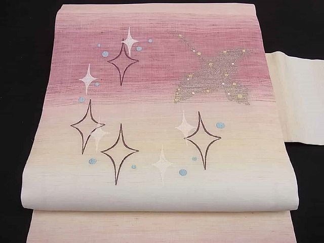 平和屋2□極上 夏物 織物の名産 近江ちぢみ 麻 九寸名古屋帯 刺繍 星座