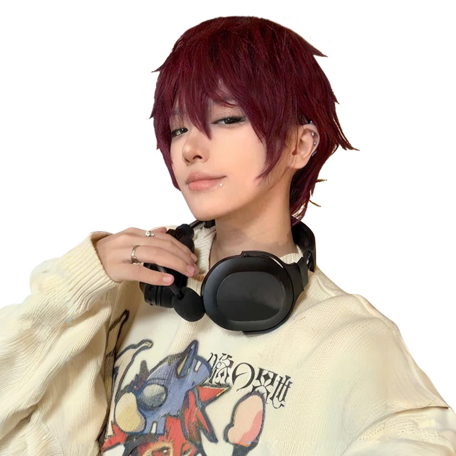 日常 耐熱 コスプレ 小顔 フルウィッグ 自然 かつら イケメン cosplay ショート 男女兼用 ウルフ 普段使い 黒 パープル 男装 ホワイト カツラ レッド メンズ ウィッグネット付 ウィッグ (海老色)