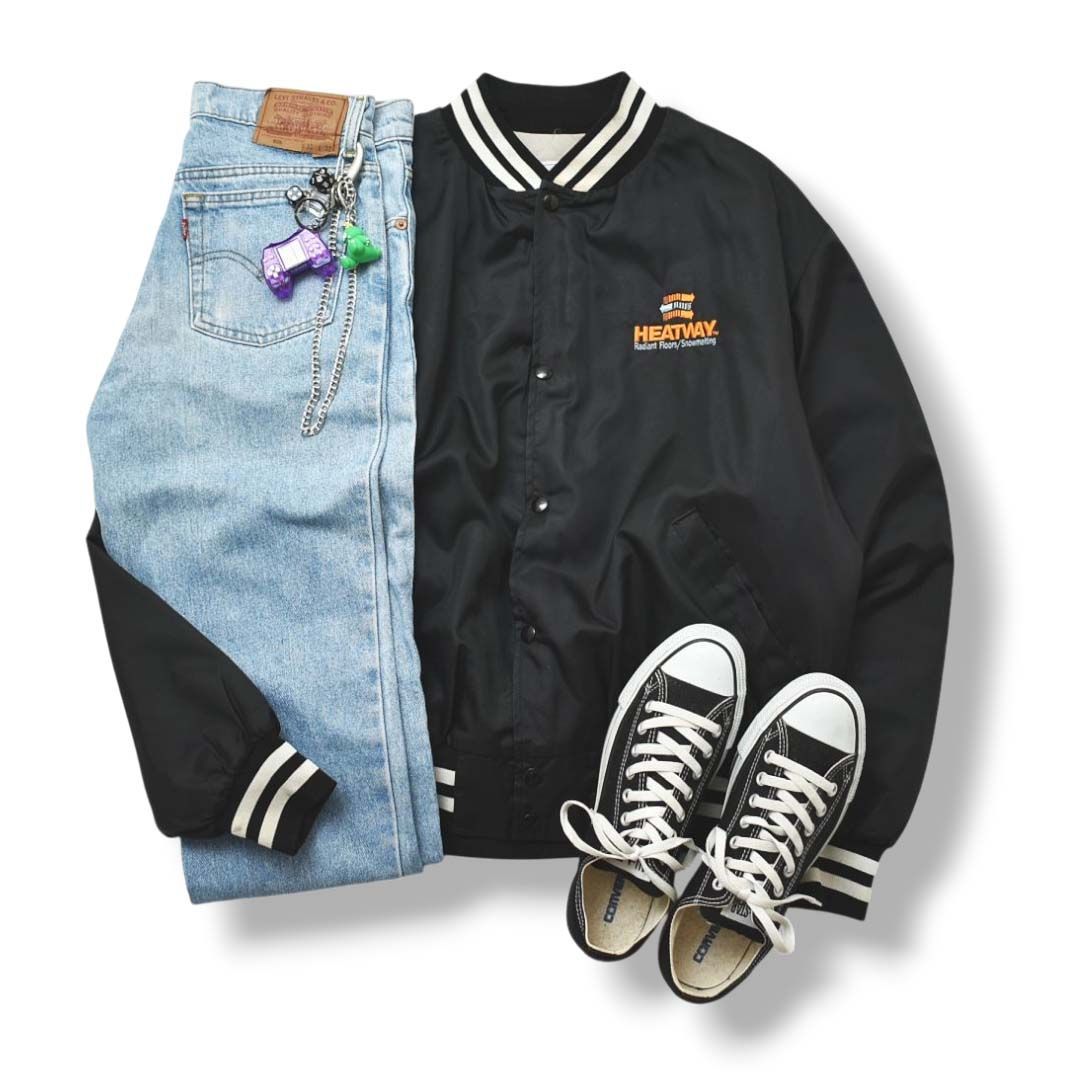 90s ヴィンテージ UNITED STATES APPAREL 企業物 HEATWAY スタジャン スタジアム ジャケット 裏地 中綿 キルティング L ブラック アメカジ メンズ