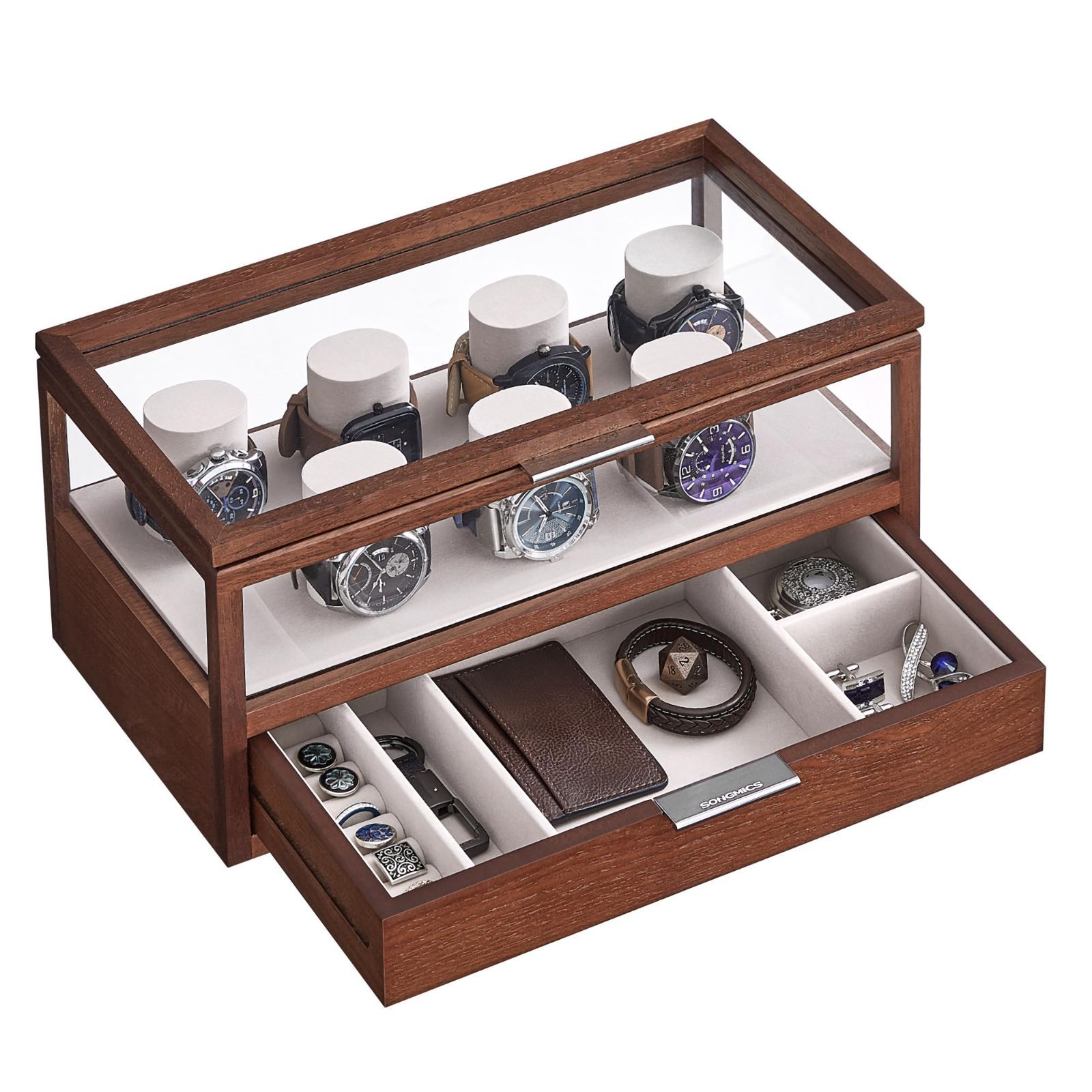 新着商品 JOW007K01 誕生日お祝いギフトブラウン レディース メンズ 父の日プレゼント おしゃれ 透明蓋 木製 ウォッチケース 収納 2段時計保管ボックス 腕時計7本収納 時計ケース SONGMICS