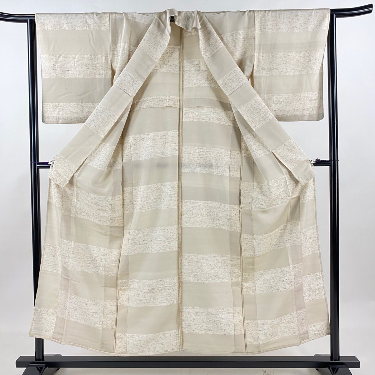 紬 身丈152.5cm 裄丈64cm M 単衣 段縞 ベージュ 正絹 美品 名品 【中古  
