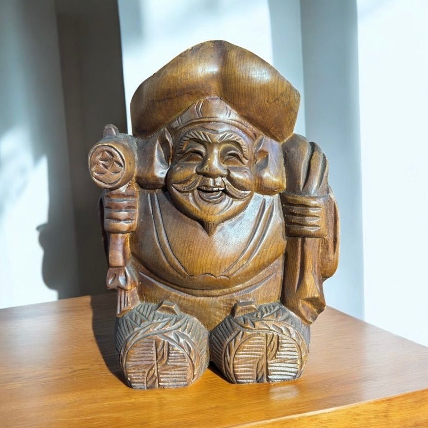 七福神　彫刻　オブジェ　木彫り　縁起物　置物　レトロ　アンティーク 木彫り 大黒天 大黒様 七福神 縁起物 かわいい やさしい 骨董