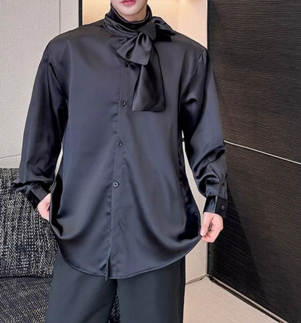 お洒落 ドレス ボウタイ サテン風 セクシー リボン シャツ サテン風 シャツ ボウタイ リボン セクシー トレンド オシャレ