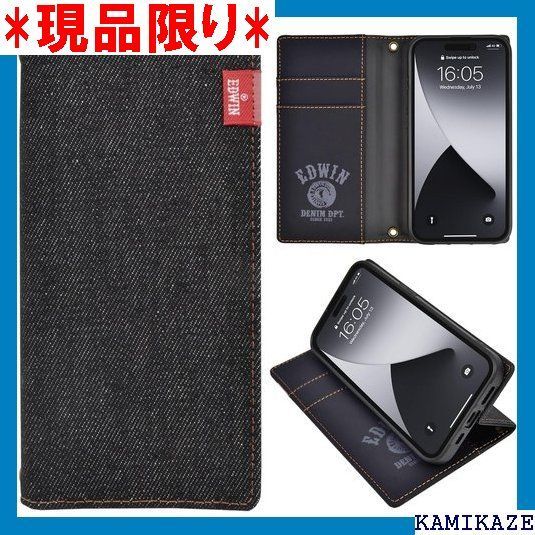 大人気_Z051 EDWIN iPhone15 Pro 対応ケース 手帳型 タグデニム アイフォン15プロ用 iPhone 15Pro用 6.1インチ エドウィン ブランド スマホケース カード収納 デニム おしゃれ ブラック 4220