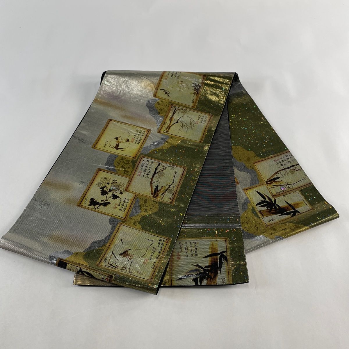 袋帯 美品 秀品 水辺の風景 山 箔 螺鈿箔 銀色 お太鼓柄 正絹 【中古 