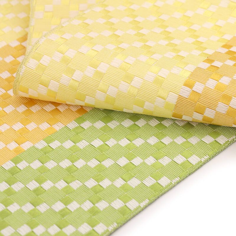 中古】 名古屋帯 正絹 和紙 八寸帯 全通柄 黄色 緑 変わり格子