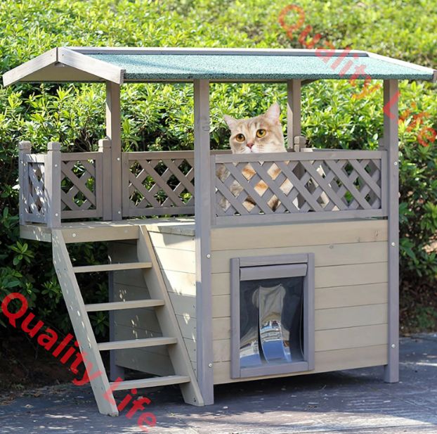 猫 ハウス 屋外用 防水 防寒 キャットハウス 2階建て ドアカーテン付き 猫の家 木製で耐候性に優れている 屋外用野良猫シェルター Size 77x50x73cm