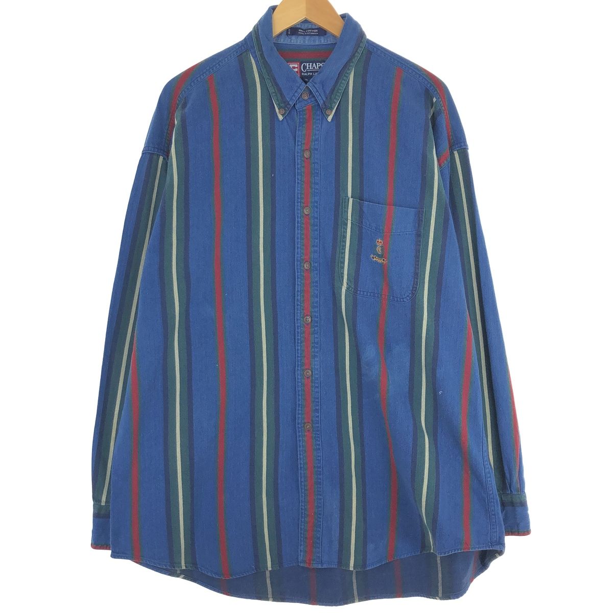 古着 90年代 ラルフローレン Ralph Lauren CHAPS チャップス マルチストライプ 長袖 ボタンダウンストライプシャツ メンズXL/eaa423894