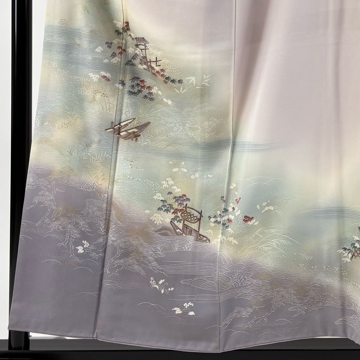 訪問着 身丈156cm 裄丈64cm M 袷 松 舟 金彩 ぼかし 薄紫 正絹 秀品