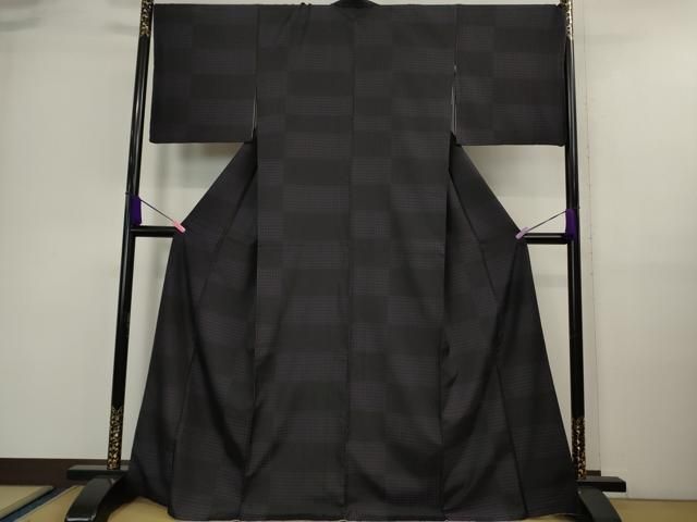平和屋着物 上 お召 市松花文 黒×深紫色 DZAA9678kh5
