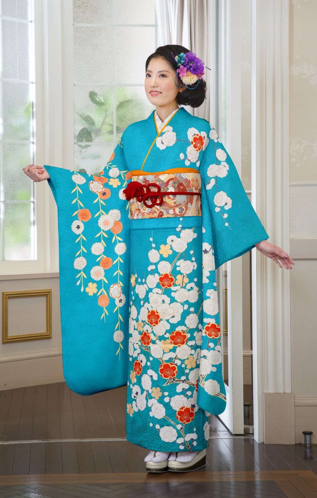 着物 振袖 成人式 ブルー 桜 梅 ターコイズ 青 ブルー(青 着物 振袖 成人式 ブルー 桜 梅 ターコイズ 青 ブルー(青
