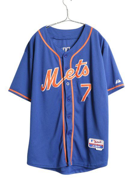 メッツ ベースボール シャツ メンズ M 程 古着 MLB オフィシャル マジェスティック 大リーグ ユニフォーム ゲームシャツ 重ね着 半袖シャツ