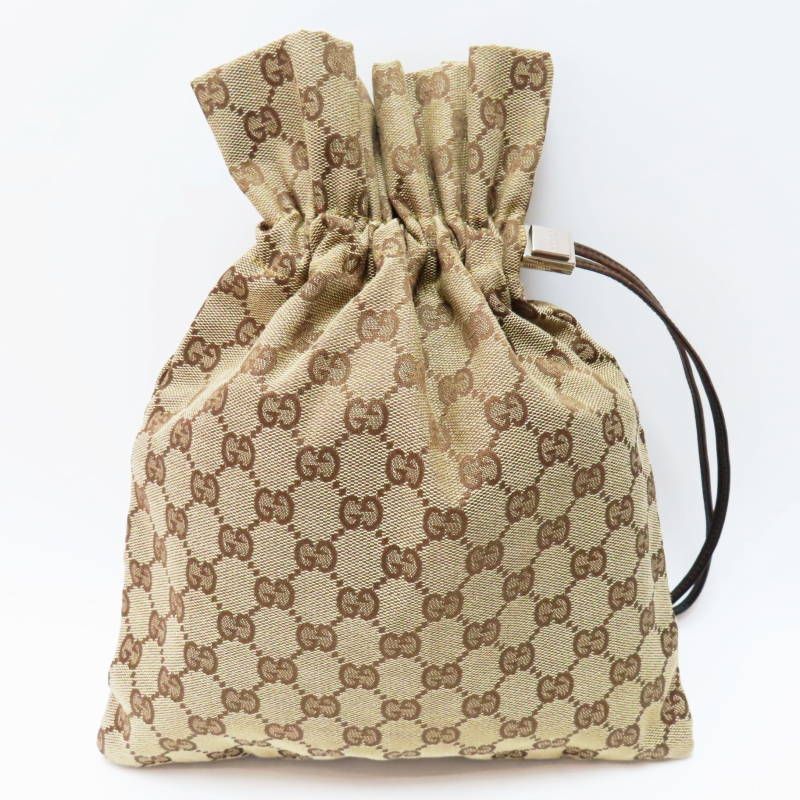 S06-k154 GUCCI グッチ GGキャンバス|レザー 巾着ポーチ ベージュ 014 1137 3754