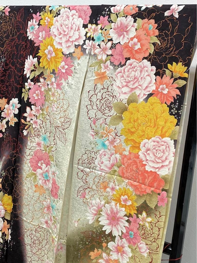 振袖 総絞り 波模様に蝶々 花模様 菊 黒色 金彩 トールサイズ K-5454