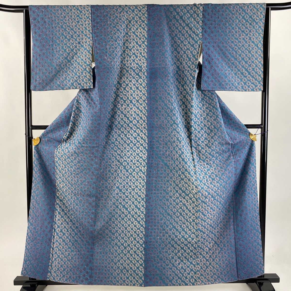 小紋 身丈161.5cm 裄丈64.5cm M 袷 紬地 幾何学 絞り ぼかし 青灰色 正絹