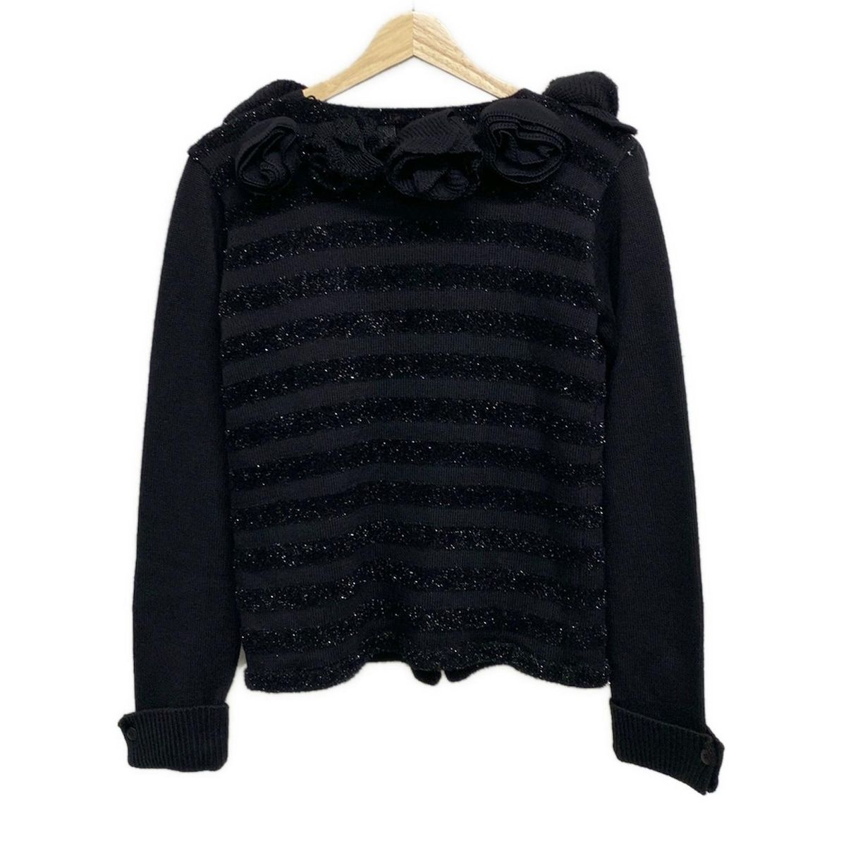 美品 アルマーニ ARMANI ノーカラー ツイード ラメ ネイビー フリンジ 美品 アルマーニ ARMANI ノーカラー ツイード ラメ ネイビー