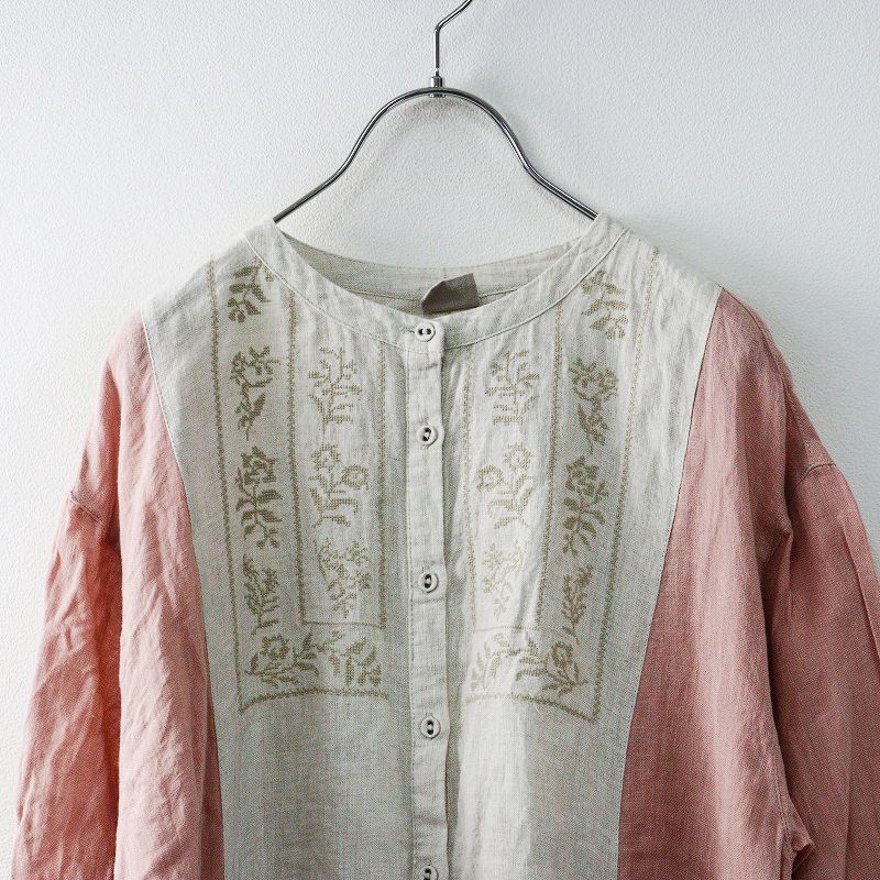 配色リネン刺繍ワンピース