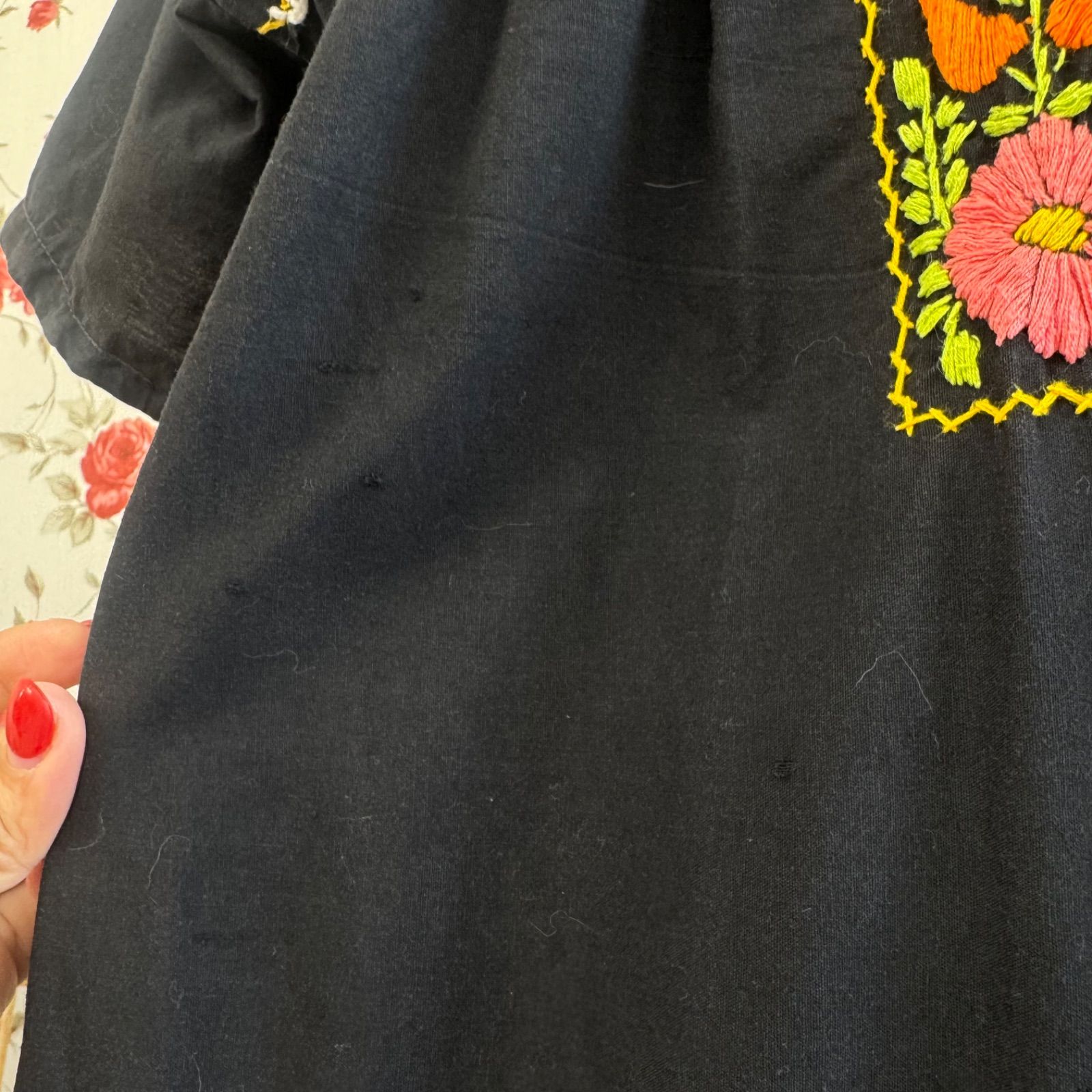 メキシカン刺繍ワンピース ブラック 花柄 フラワー刺繍 民族調 