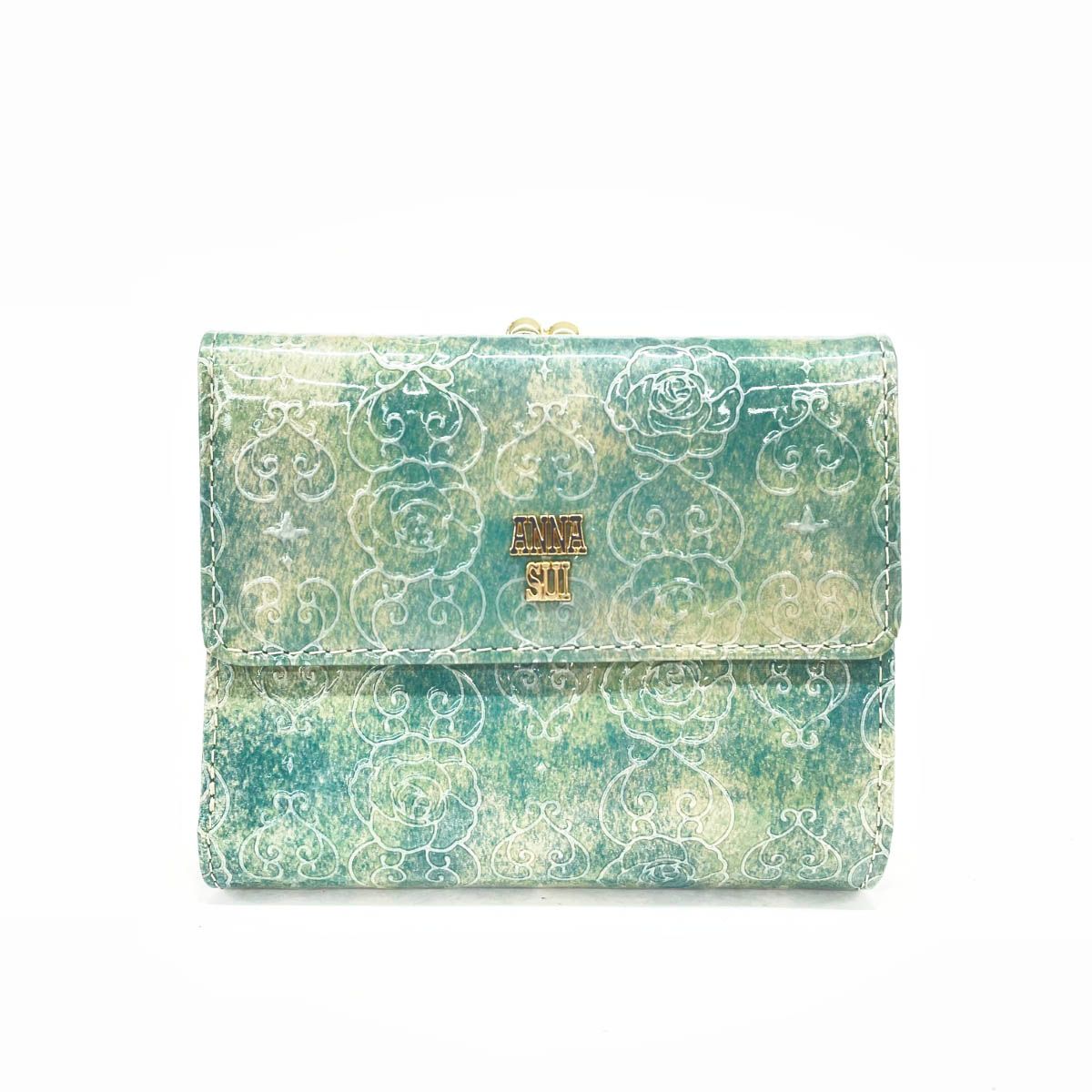 良好 ANNA SUI アナスイ 三つ折り 財布 グリーンブルー エナメル レディース フラワー 240001135292