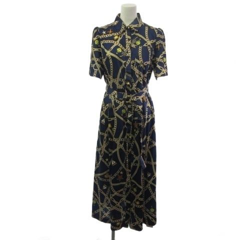 【美品】日本製 グレースクラス 5分丈 シャツワンピース 36 総柄グリーン系♪ 美品】日本製 グレースクラス 5分丈 シャツワンピース 36 総柄