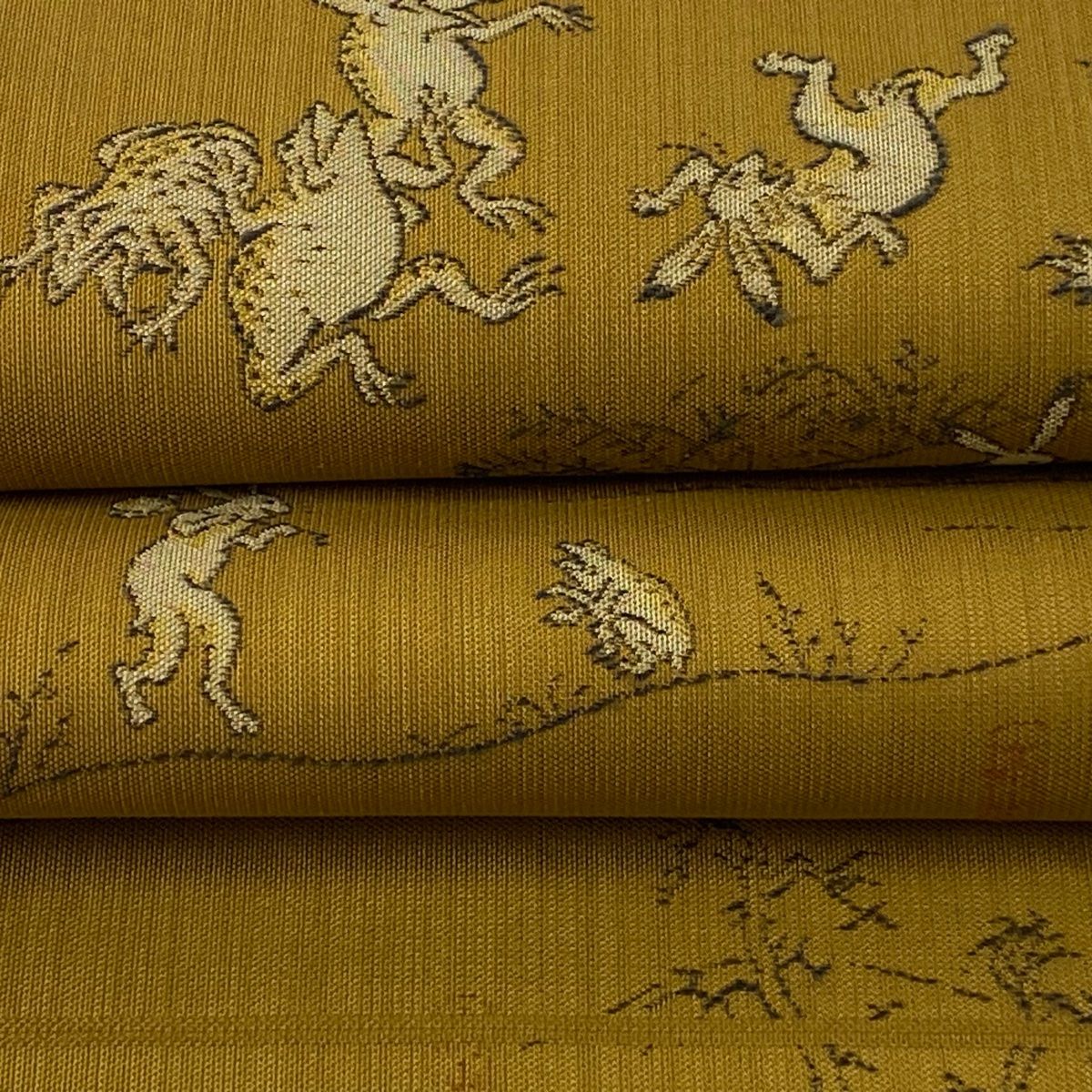 袋帯 美品 逸品 鳥獣戯画 高山寺 山吹茶色 六通 正絹 【中古
