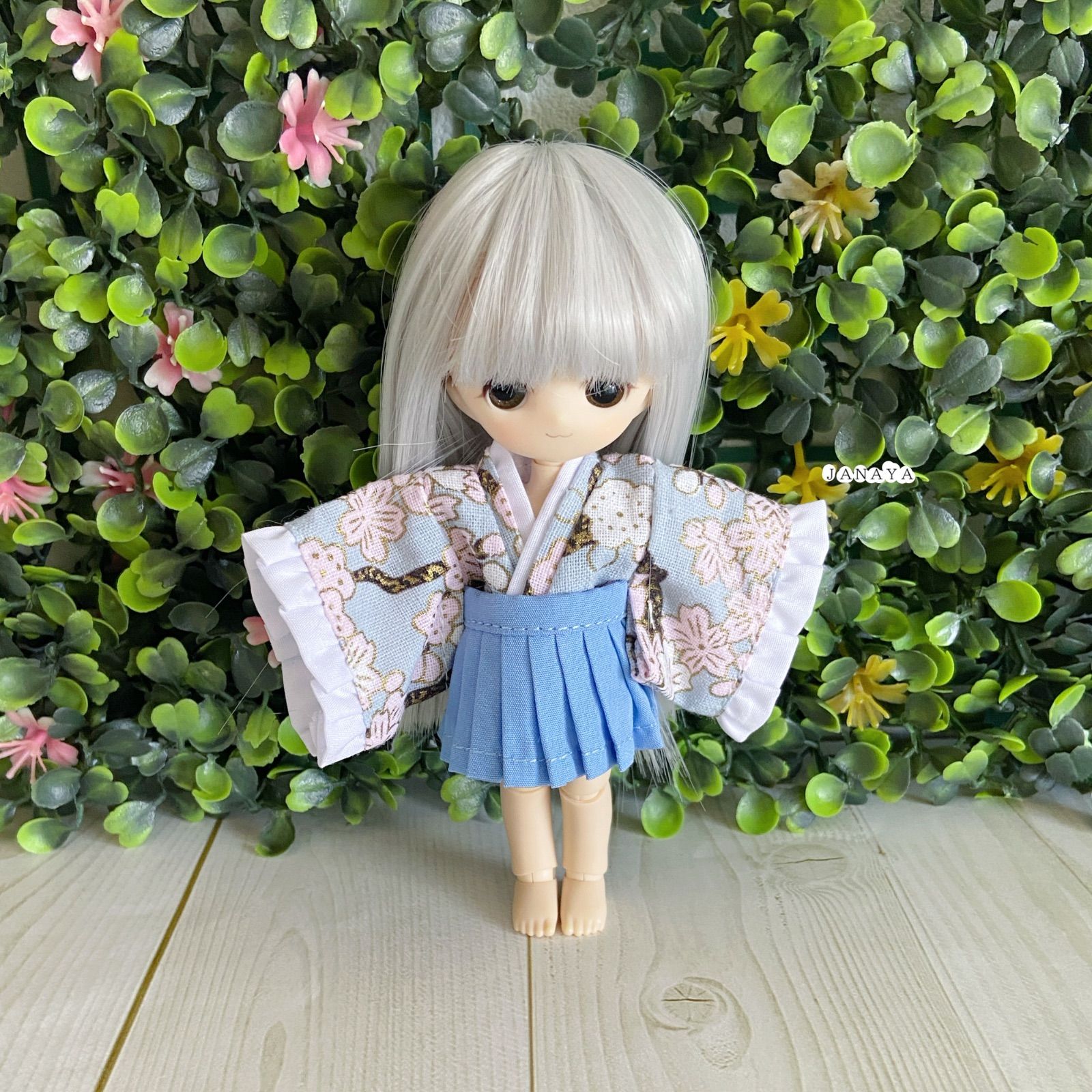 新品同様 ハンドメイド JANAYA オビツ11服 3点セット 水色和風メイド服 着せ替え服・アウトフィット