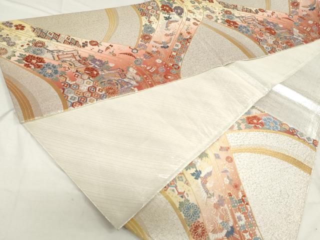 太子間道 六通柄 袋帯 モール織 蠟色に辛子ベージュ×赤茶 絹＋銀糸 美品 袋帯 美品 秀品 桜 松 金糸 刺繍 ベージュ 六通 正絹 【中古