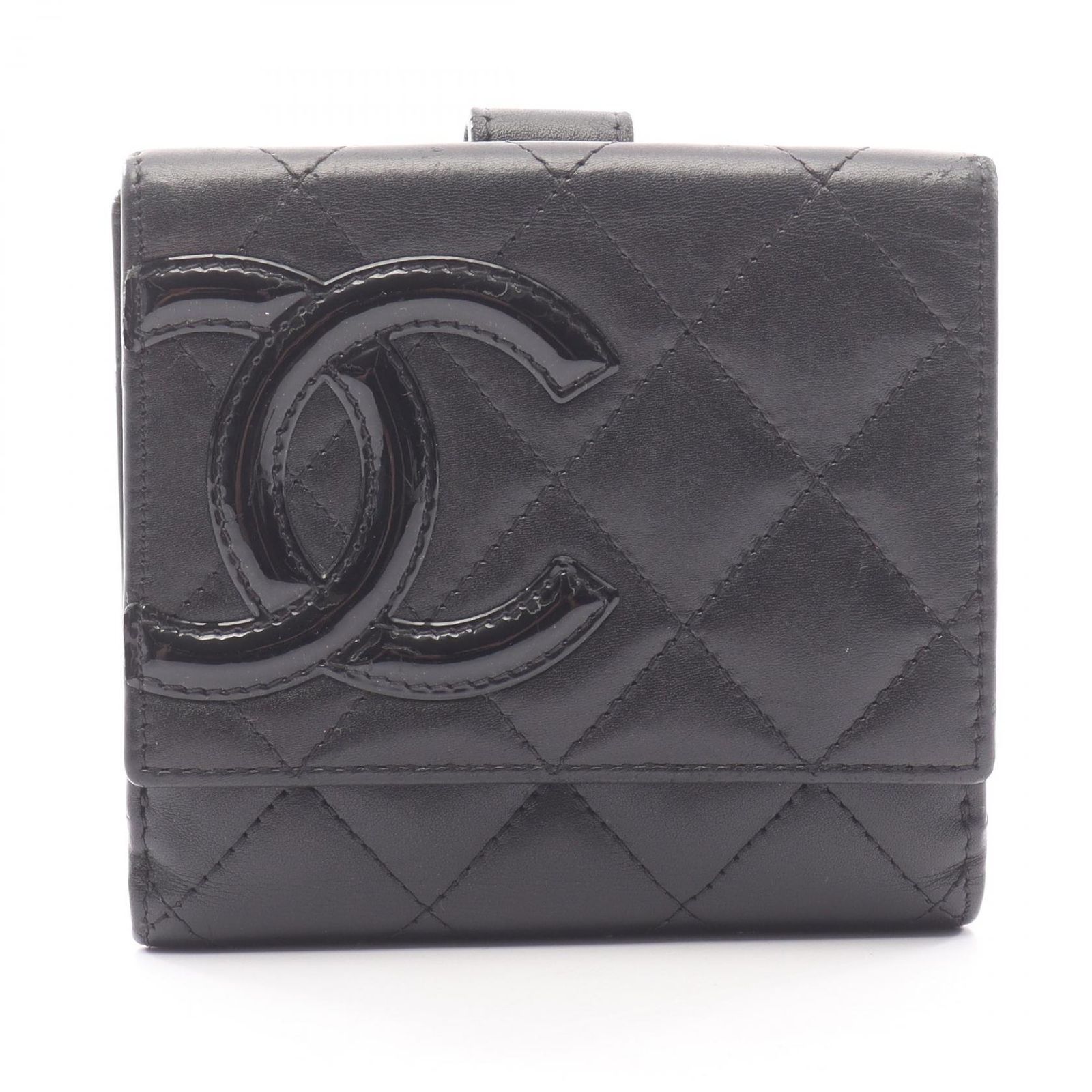 シャネル CHANEL Wホック財布 カンボンライン ベージュ|ベージュエナメル レザー パテントレザー カンボン Wホック財布 レディース Used B