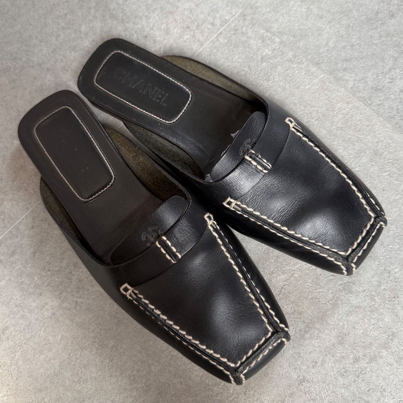 CHANEL シャネル ココマーク レザー ステッチ スリッポン サンダル ブラック 34 1 2 21.5cm