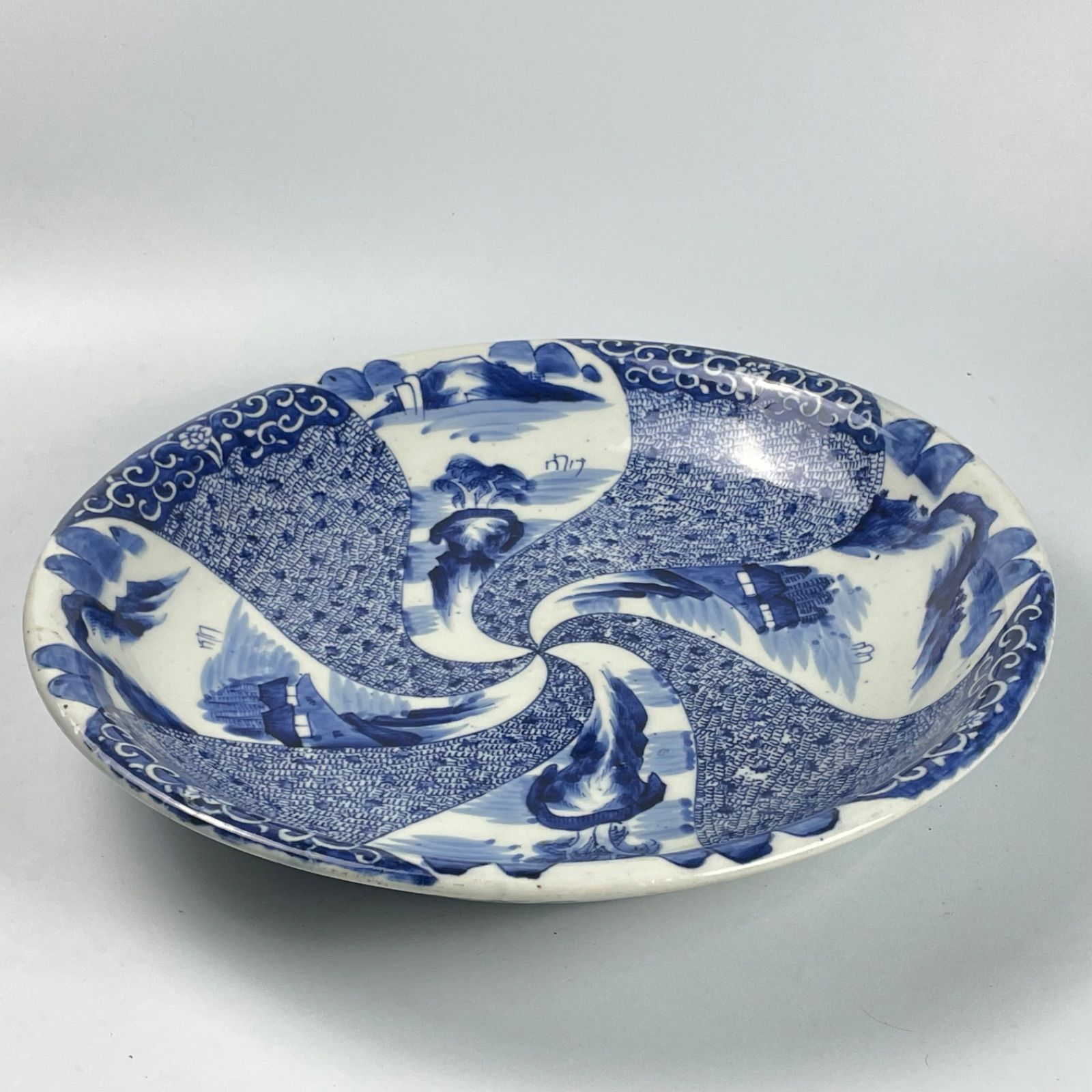 759 染付 微塵唐草 山水 古伊万里 伊万里焼 骨董 アンティーク 尺3寸 大皿