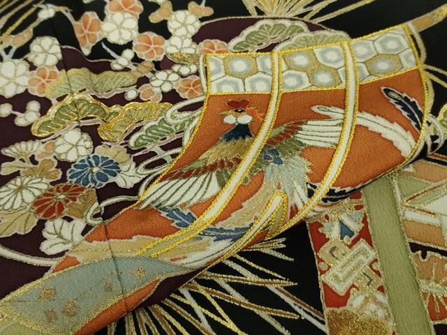 平和屋本店■極上　創業460年・千總　黒留袖　駒刺繍　松　色紙吉祥花鳥文　金彩　逸品　未使用　DZAA9917kh5 平和屋本店□極上 創業460年・千總 黒留袖 駒刺繍 松 色紙吉祥花鳥文