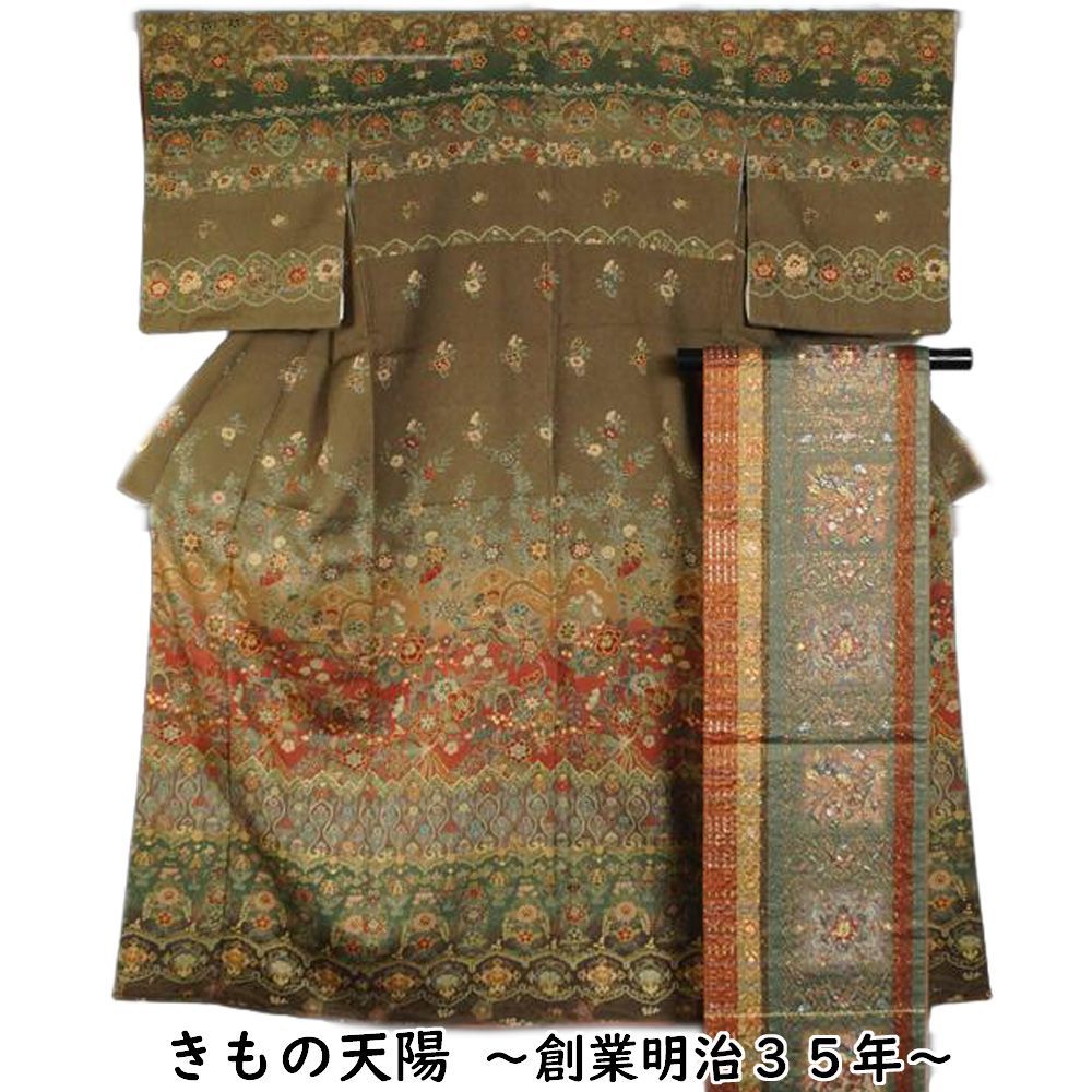 着物セット 付下げ訪問着 袋帯 2点 セット 横段に鳳凰 更紗模様 Sサイズ 膨れ織 訪問着 訪問着 セット リサイクル着物 付下げ 正絹 着物 訪問着 販売