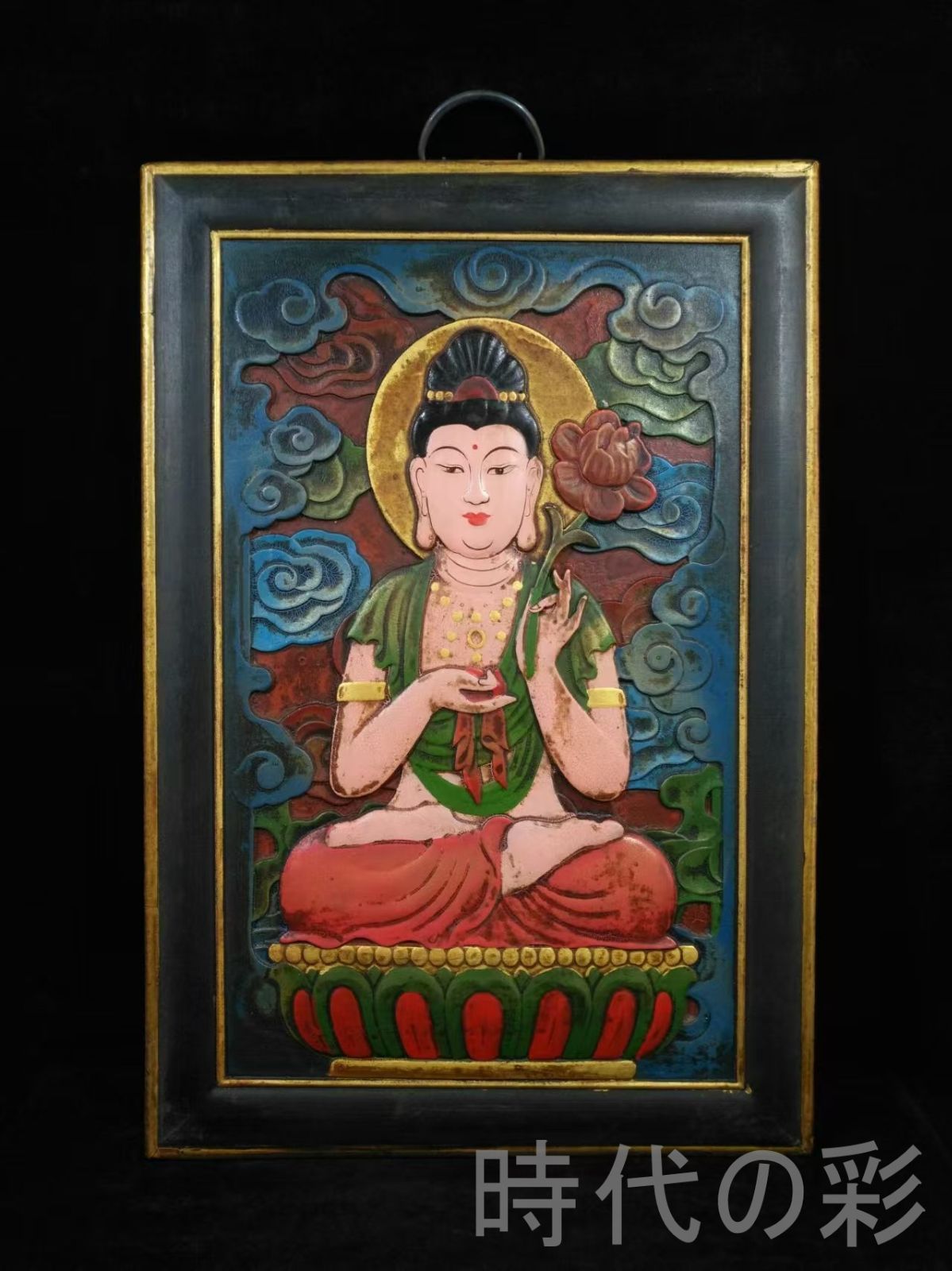 中国古美術 旧蔵 唐カ 漆器楠木 彩画 持蓮観音菩薩 清代 木器 古玩 唐物 中国古 時代物 仏画 R07100119