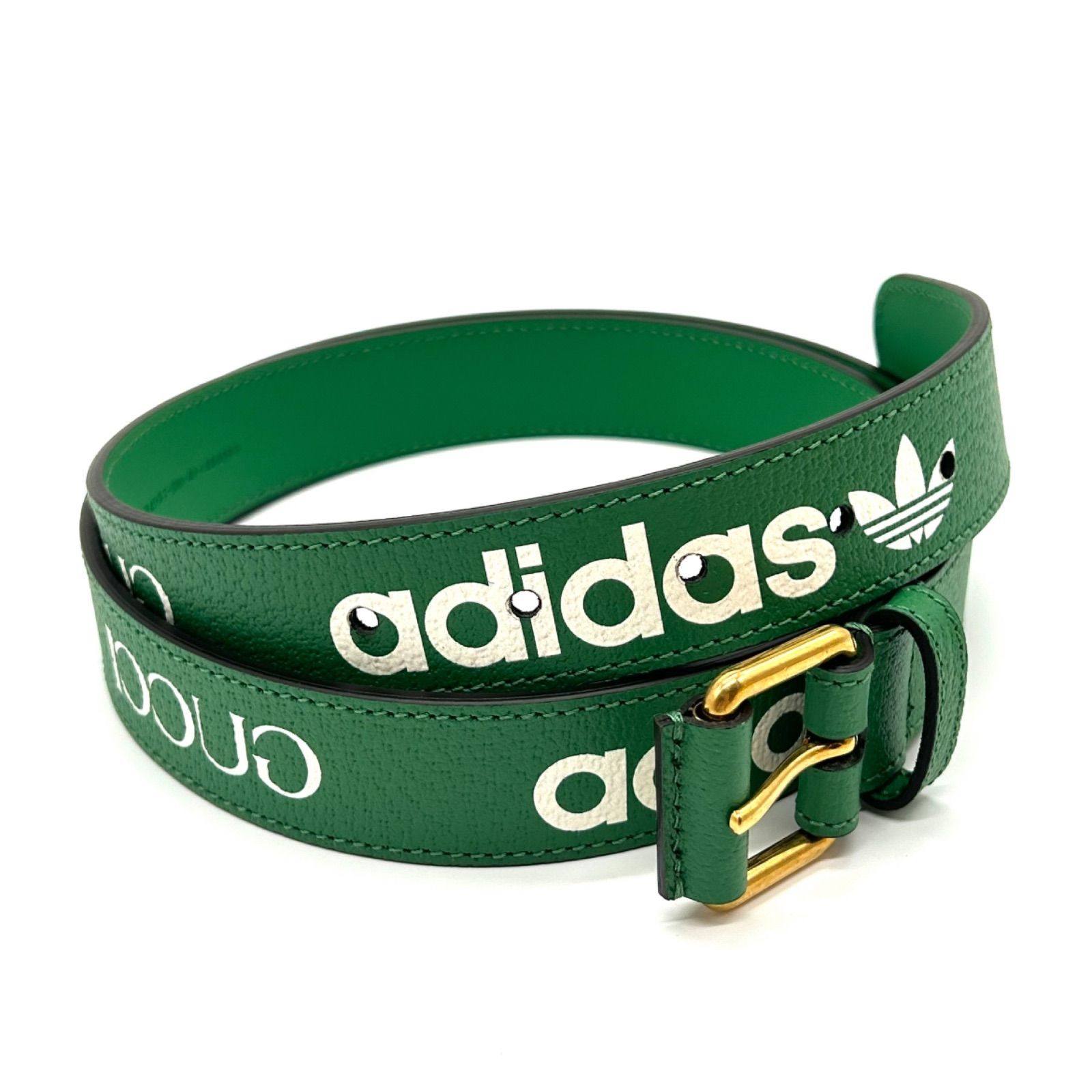 GUCCI × adidas グッチ アディダス ベルト 702277 レザー グリーン ゴールド金具 メンズ レディース カジュアル お出かけ コラボ アクセサリー 小物 ロゴ accessory belt green g logo