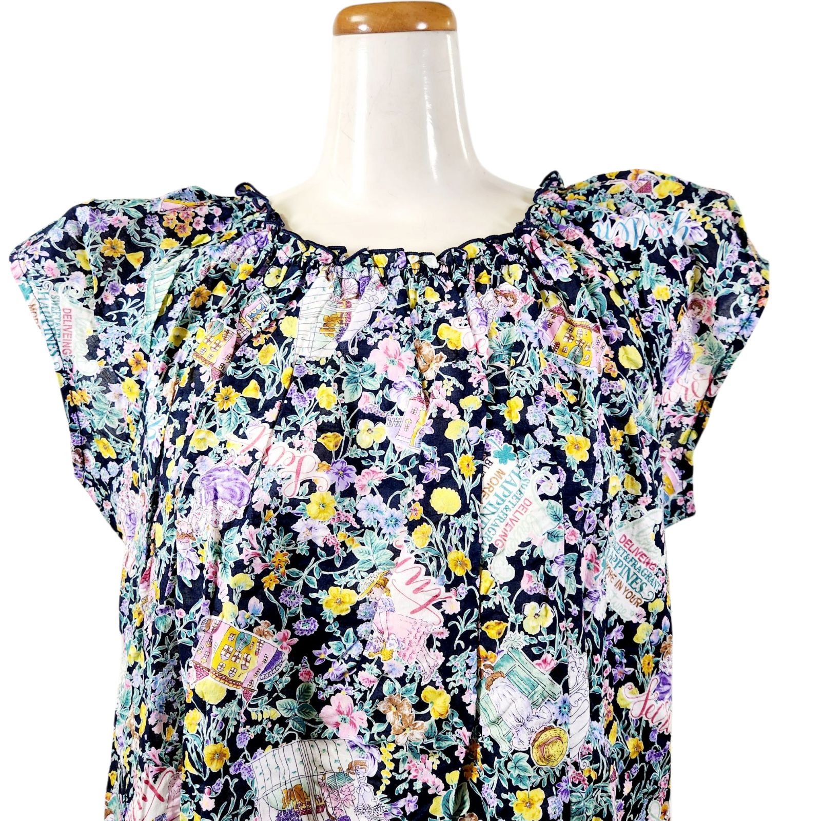 夏物入荷 鴨居羊子 TUNIC フレンチ袖 ネグリジェ ワンピース 80ローンパフサッカー 小花 紺色