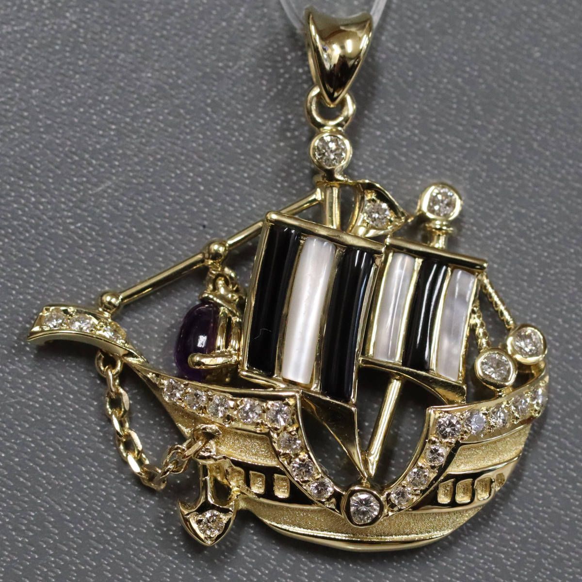K18ダイヤモンドアメジストペンダントトップ D0.43 6.1g 帆船モチーフ  
