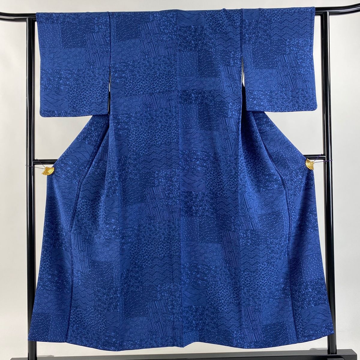 小紋 身丈152cm 裄丈60cm S 袷 落款 花鳥 流水 藍色 正絹 秀品