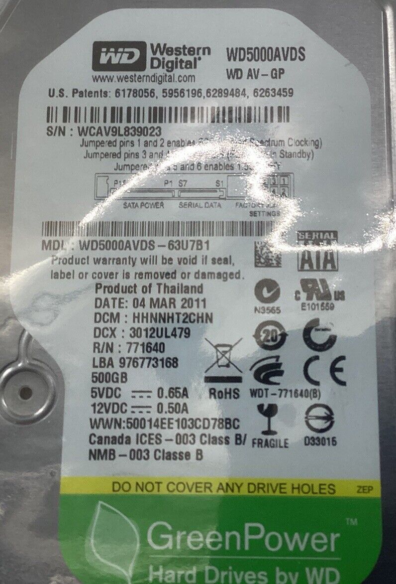 Western Digital WD5000AVDS-63U7B1 HARD DRIVE