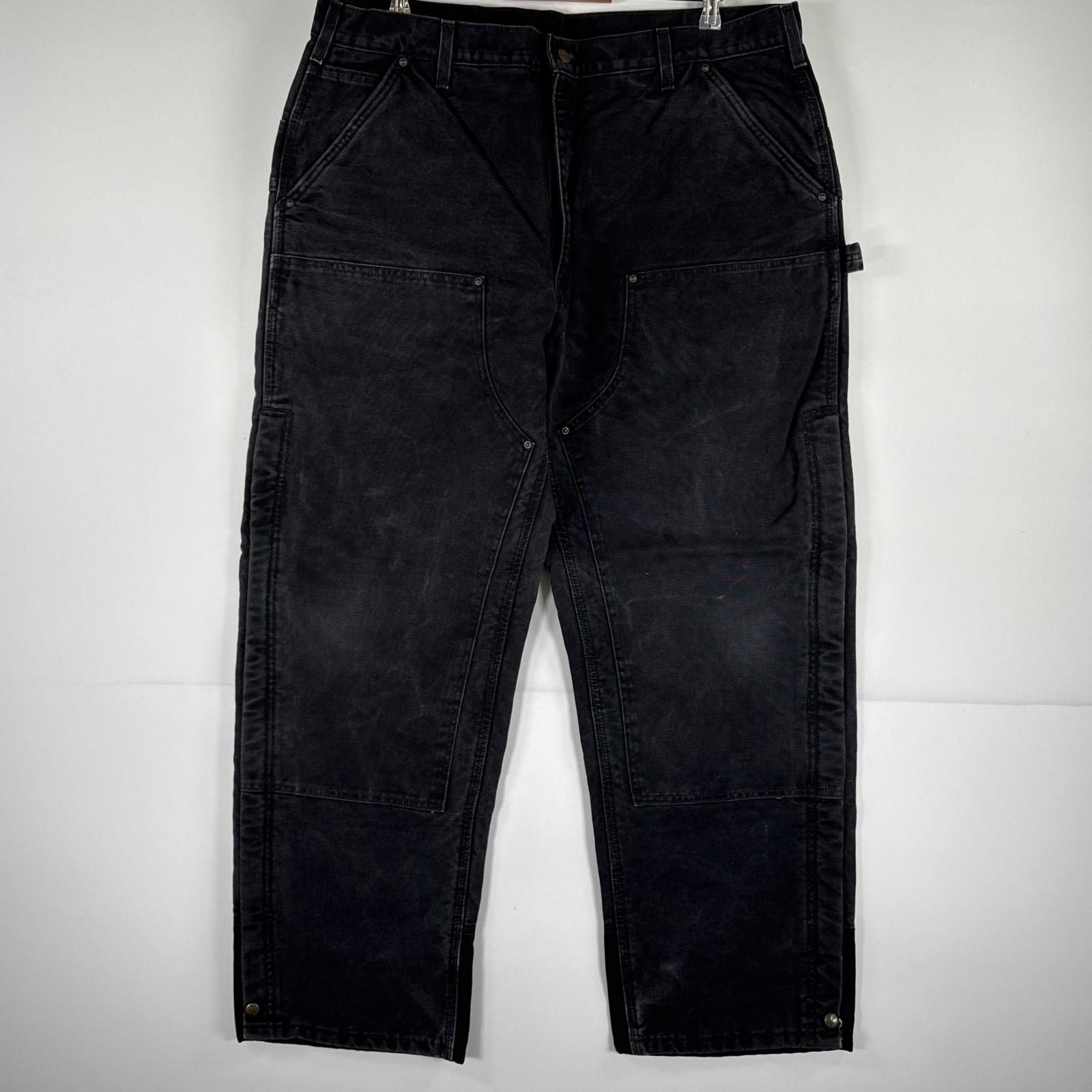 古着 カーハート Carhartt ワークパンツ ダック ペインターパンツ 作業着 ワンポイント ロゴ 大きいサイズ ファスナー w42 L32  ブラック メンズ