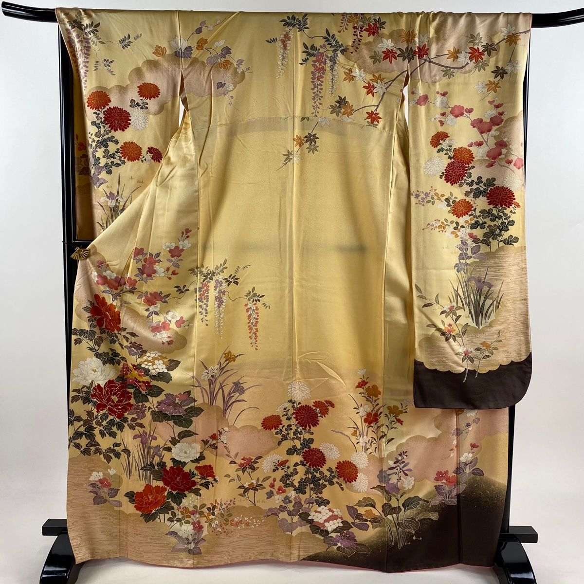 振袖 身丈168cm 裄丈68cm L 袷 牡丹 紫陽花 金糸 金彩 山吹色 正絹 秀品