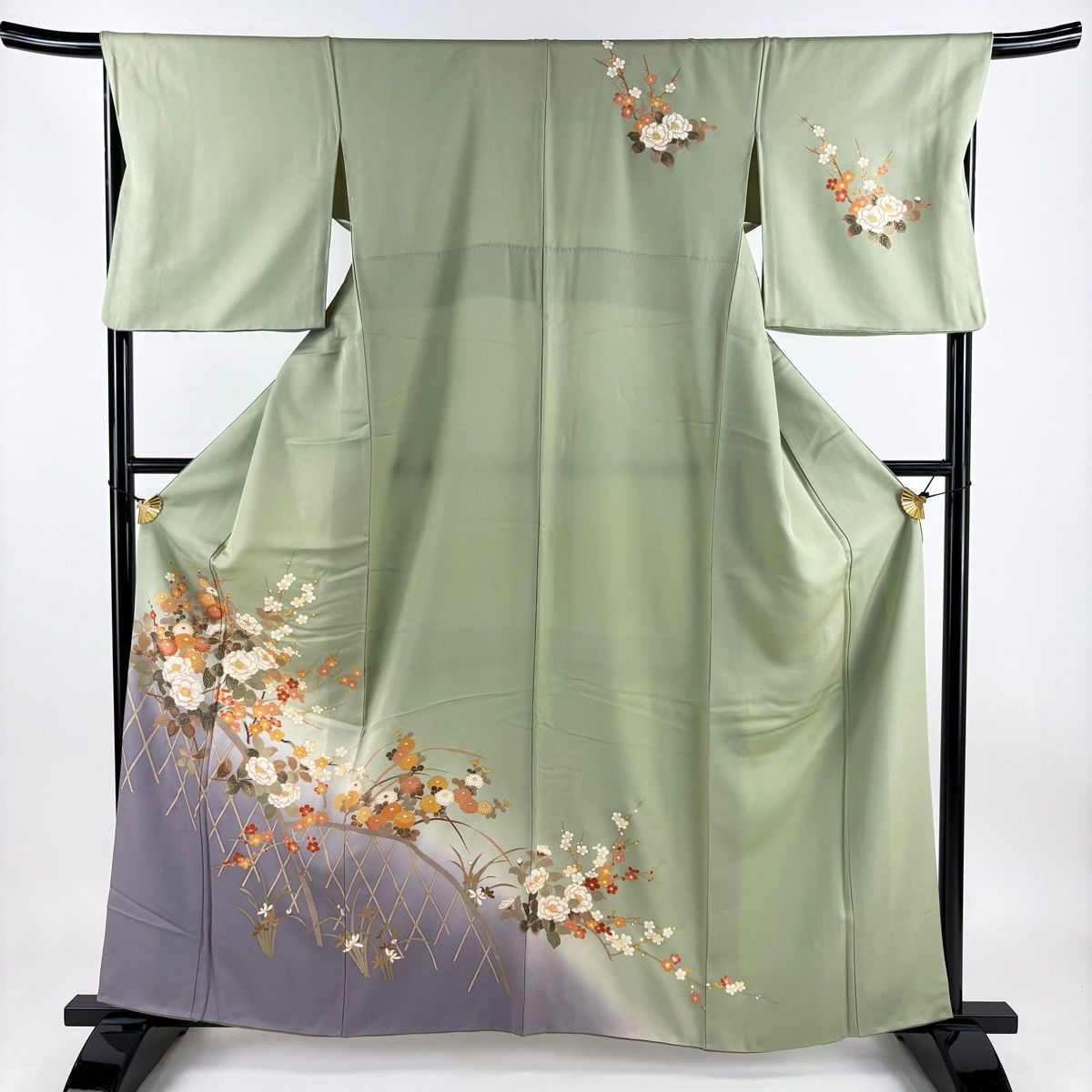 訪問着 身丈160cm 裄丈68cm L 袷 草花 籬 金彩 ぼかし 薄緑 正絹