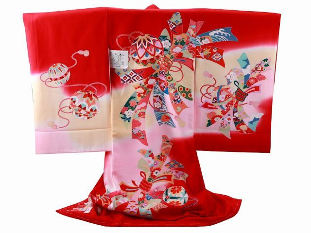 お宮参り 手描き友禅 金加工入り 正絹 着物 長襦袢 セット 女児 女の子 子供 産着 祝着 赤系 un-183