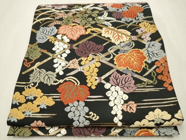 平和屋着物●六通柄袋帯 唐織 草花文 黒地 金糸 正絹 CAAT1034hy