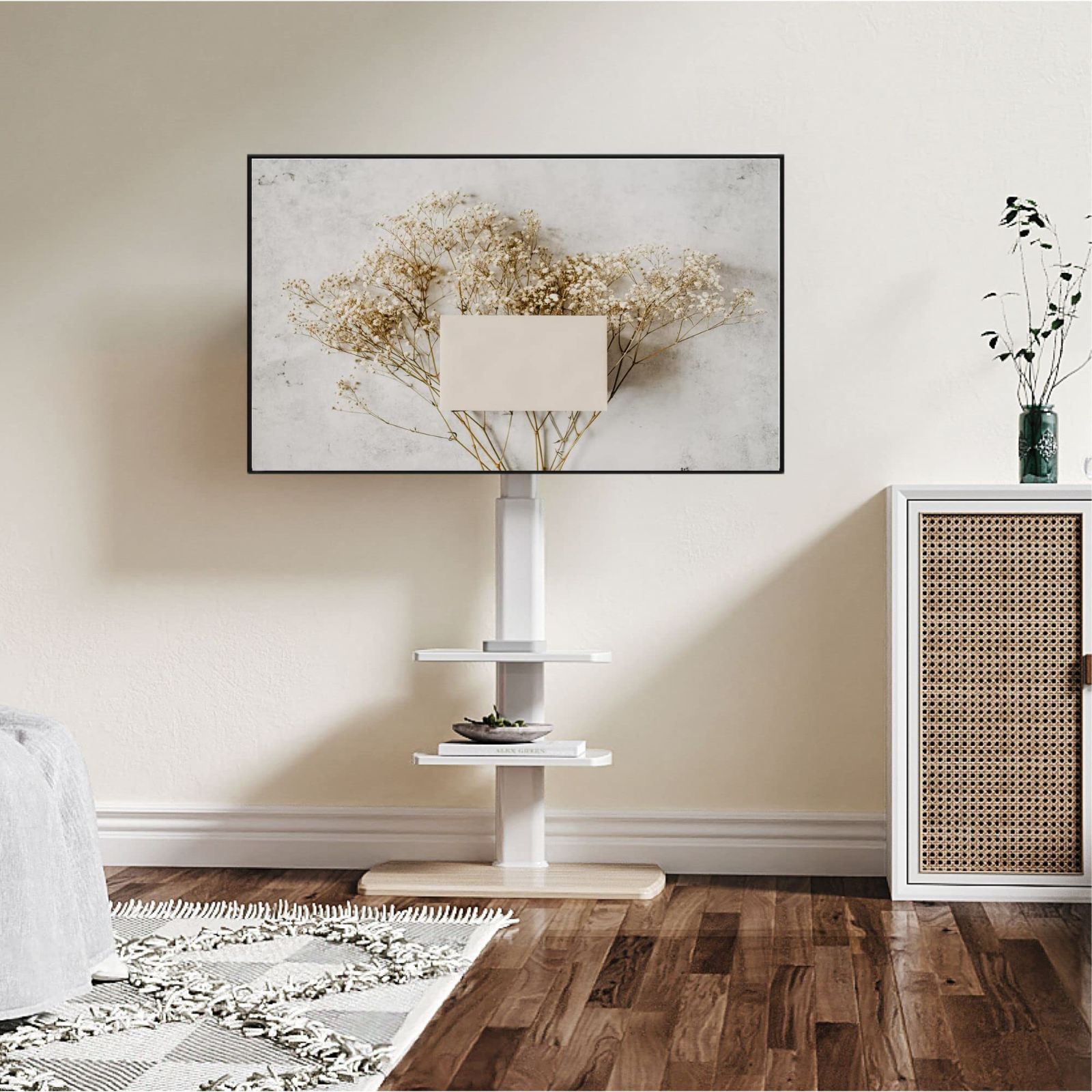 数量 木目 耐荷重40kg 木製底板 高さ角度調節 32-70インチテレビに対応 中段棚二枚付 壁寄せテレビスタンド テレビ台 F02E3461A FITUEYES